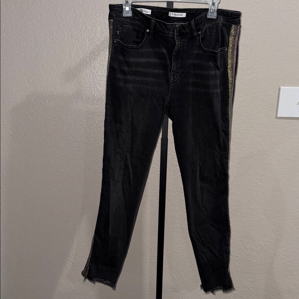 Vigoss Black Denim Marley Mid Rise Skinny Glitter Sides - Excellent Condition